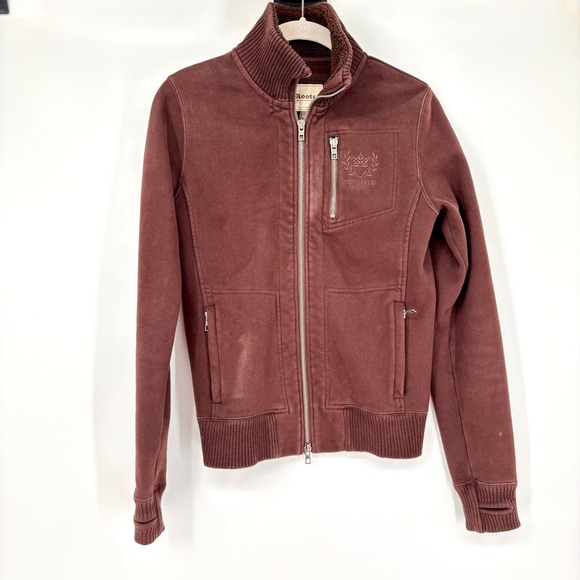Roots Jackets & Blazers - Roots Canada Full Zip Track Jacket Sz S Brown Retro Y2K Stretch Knit Thumb Holes